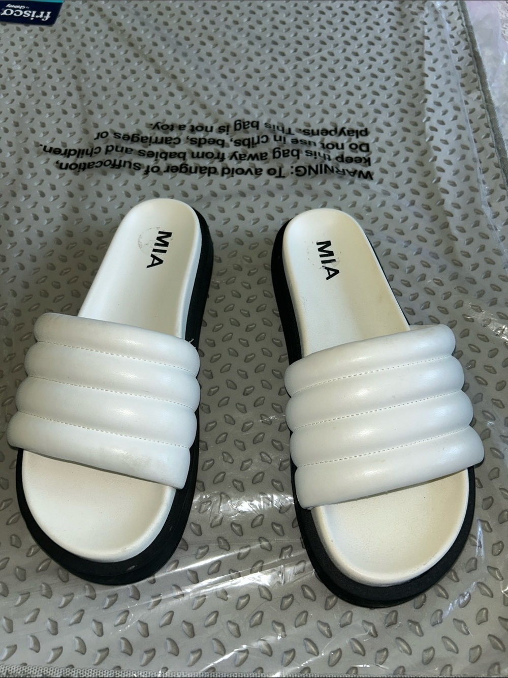 MIA White Quilted Slide Sandals with Black Sole